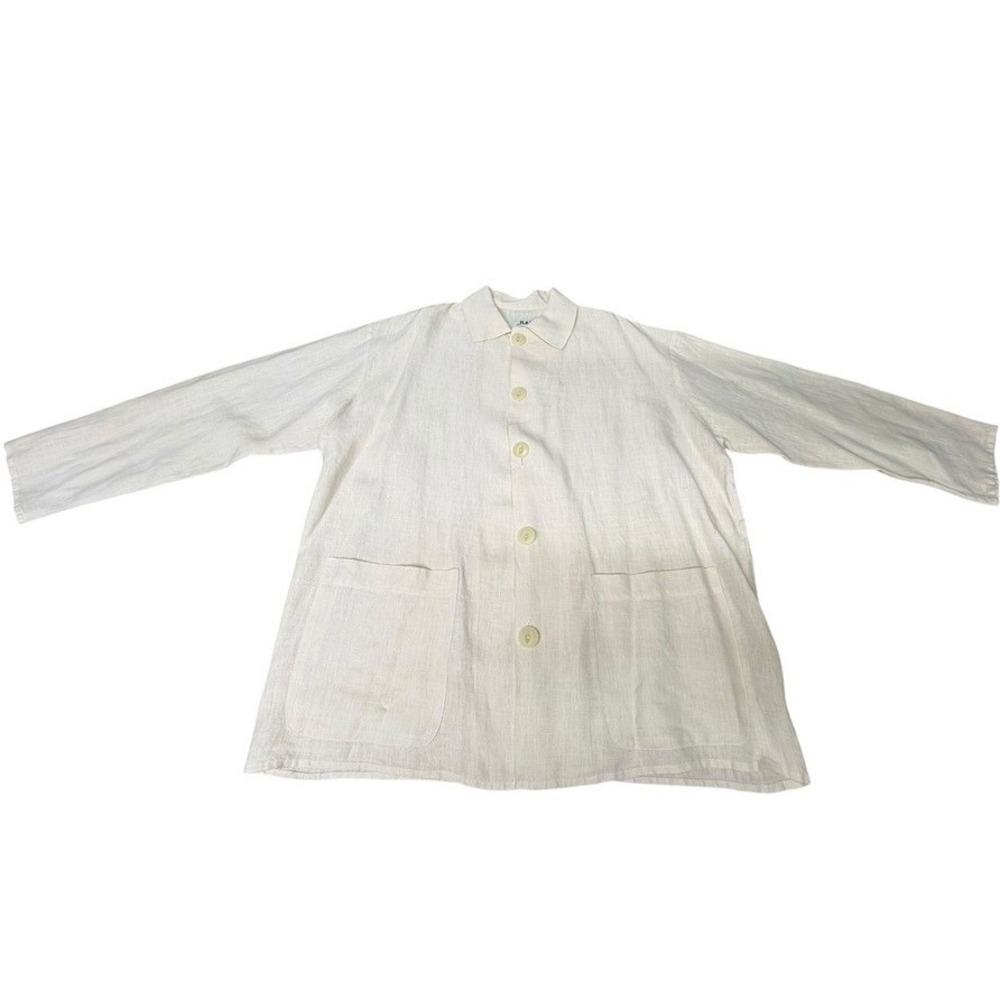 Flax Womens Cream Linen Button Front Jacket Pockets Oversized Coat Lagenlook M